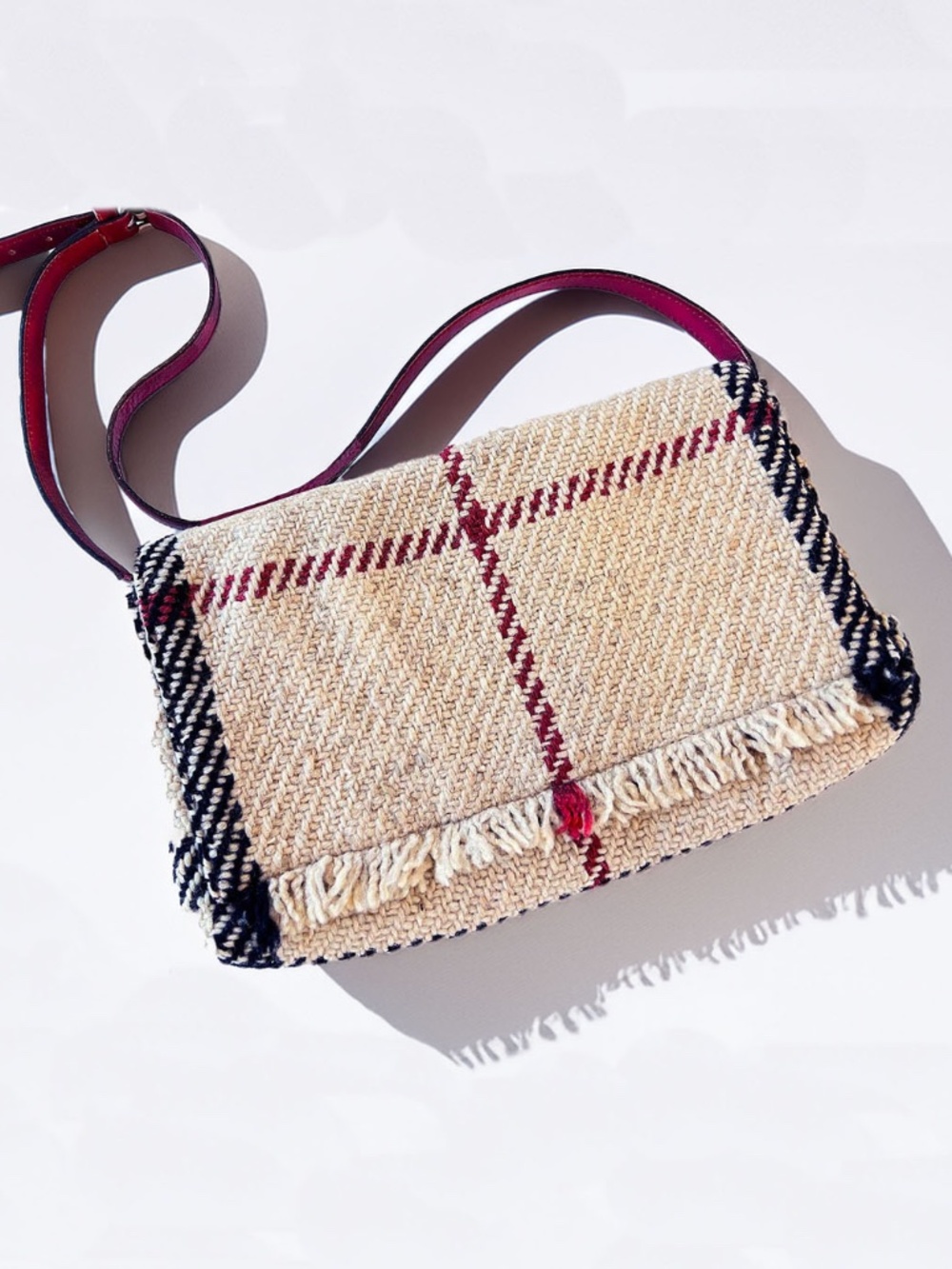 Burberry Oatmeal Exploded Check Wool Fringe Shoulder Bag